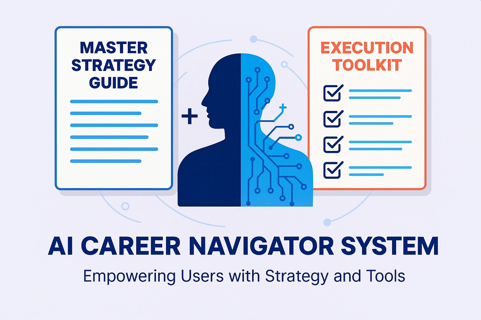Conceptual overview of the AI Career Navigator System, showing the Master Strategy Guide and Execution Toolkit components visually combining to empower users.